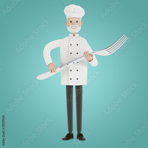 Chef with a large fork. 3D illustration in cartoon style.