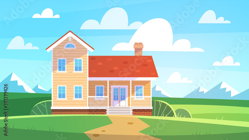 House in summer landscape. Cottage in countryside trees, meadows and green hills. Front view building with terrace, lifestyle on nature seasonal poster real estate flat vector background