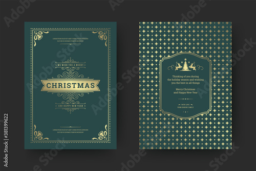 Christmas greeting card vintage typographic design ornate decoration symbols with winter holidays wish