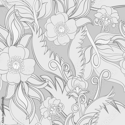 Monochrome seamless pattern with poppies and leaves.