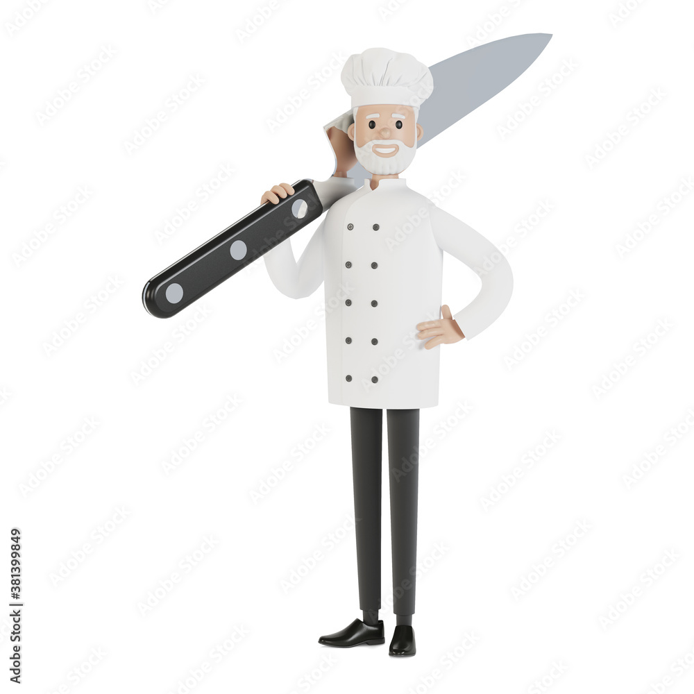 Chef with a large knife. 3D illustration in cartoon style. Chef with a large knife. 3D illustration in cartoon style.