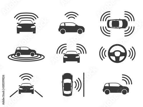 Driverless car icons. Autonomous driving cars, gps navigation on road. Smart self-driving vehicles, electric robotic auto, parking sensor driverless transport black silhouette vector set