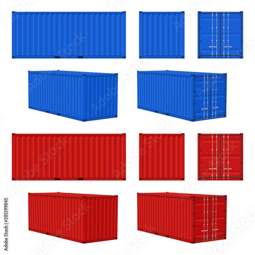 Cargo container. Blue, red cargo containers front, side and perspective view, transportation delivery freight, international logistic shipping industry vector realistic isolated on white set
