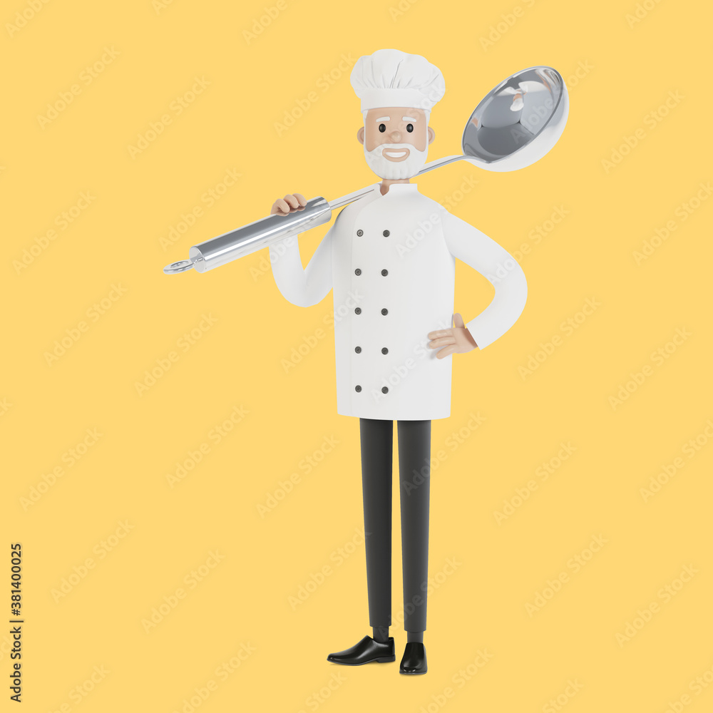 Chef with a big ladle. 3D illustration in cartoon style. Chef with a big ladle. 3D illustration in cartoon style.