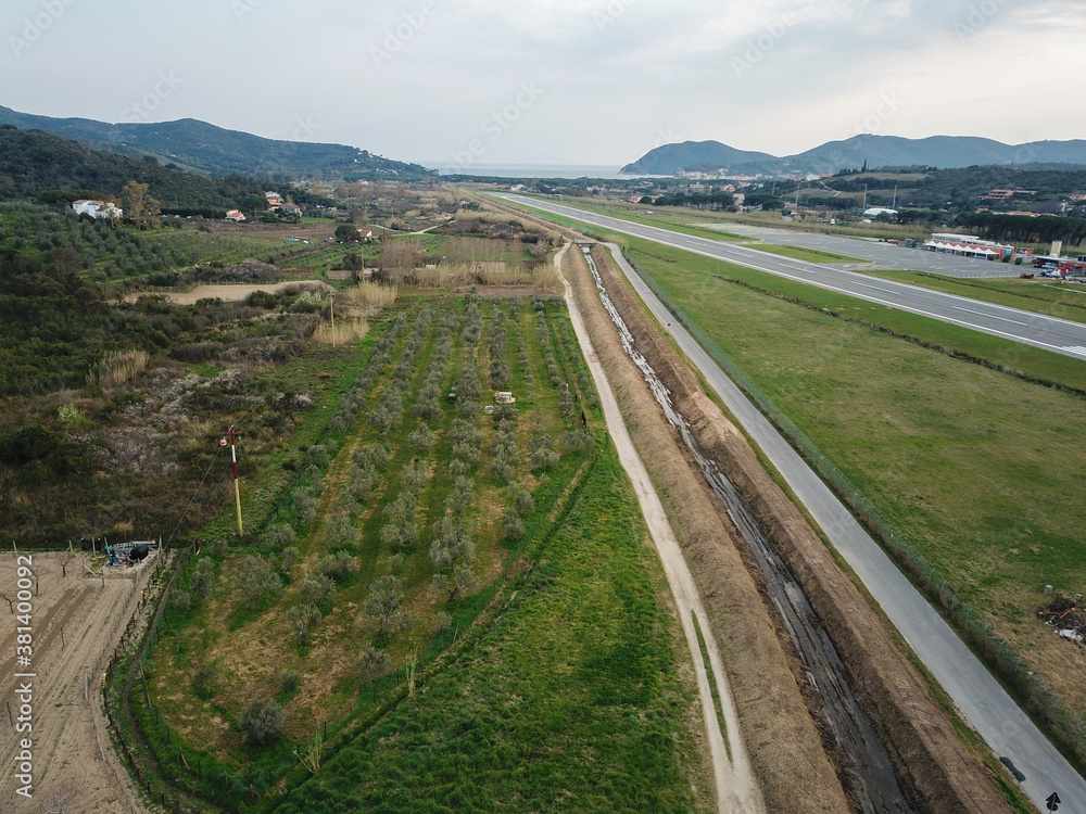 Airport on Elba island, drone view. Italy