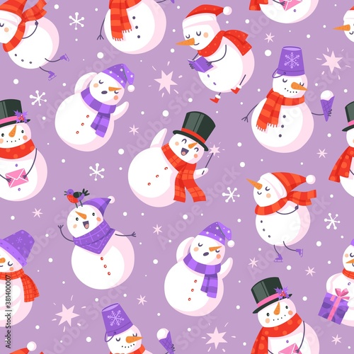 Snowman seamless pattern. New year and christmas design with cute snowmen and snowflakes  winter holidays decor textile  wrapping paper wallpaper vector texture on purple background