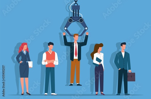 Job recruiting. Employment company job recruitment, robot recruiter chooses man from people, jobs agency select guy, hiring workers choice process and competition vector flat concept