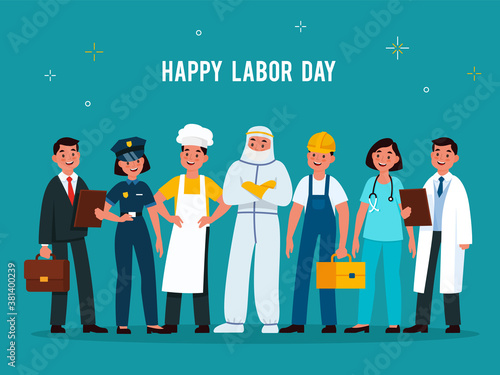 Labour day. Professionals group in uniforms of various professions. Scientist, doctor and worker, policeman and chef, engineer and nurse people standing in line vector flat poster
