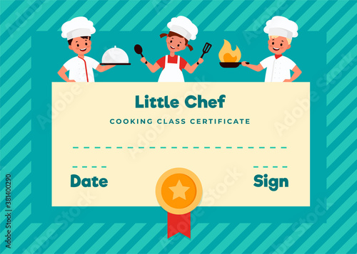 Kids cooking class certificate. Cooking school young chefs, culinary lesson for little cooks, children study to cook food, boy and girl in kitchen uniform, diploma vector flat template