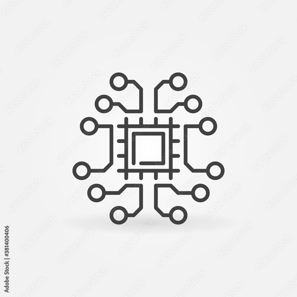 Tech brain line icon. Computer Chip inside Brain outline vector concept symbol Tech brain line icon. Computer Chip inside Brain outline vector concept symbol
