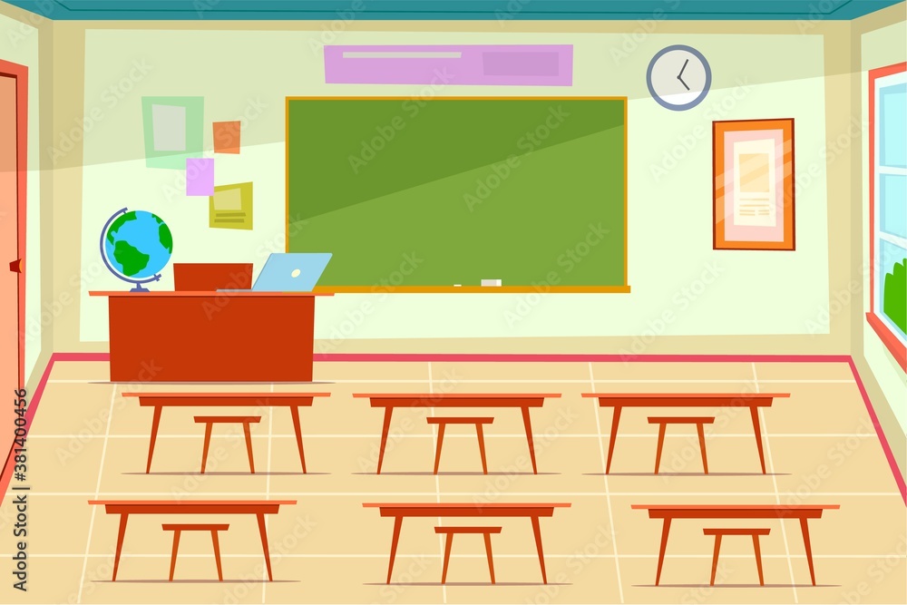 Empty classroom. Class room interior with desk and chairs for kids and teacher, chalkboard on wall, laptop and globe on teachers table, modern school or university flat illustration