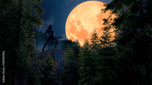 Photo Werewolf howls in a dark and cold  forest in a big red full moon light - concept
