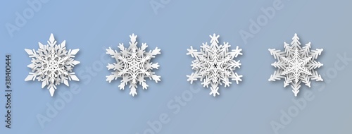Christmas paper snowflakes. Realistic new year papercut snowflake decorations set, christmas origami shape, xmas elements for winter holidays decor, 3d vector silhouette collection