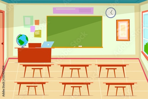 Empty classroom. Class room interior with desk and chairs for kids and teacher, chalkboard on wall, laptop and globe on teachers table, modern school or university flat illustration
