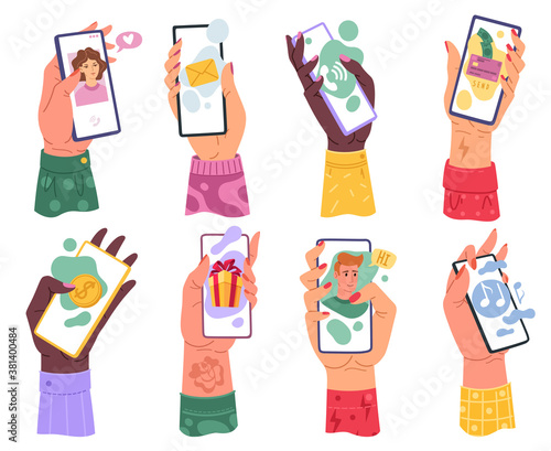 Hands with phones. Millennials woman hand holding smartphone with email application internet music player and online dating, banking mobile app modern devices cartoon vector bright set