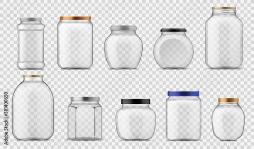 Glass jars. Empty clear containers different sizes with metal and plastic, with screw caps for food canning and storage, realistic vector on transparent background template