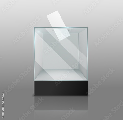 Ballot box. Empty transparent case with voting paper in hole, confidential election survey, glass or plastic square showcase on black podium realistic 3d vector isolated object