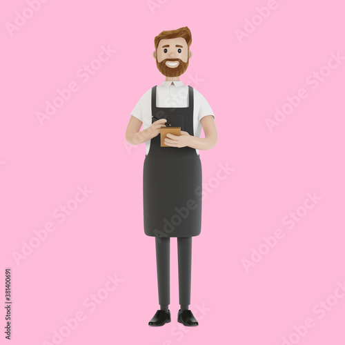 The waiter takes the order with a notebook and pencil. 3D illustration in cartoon style.