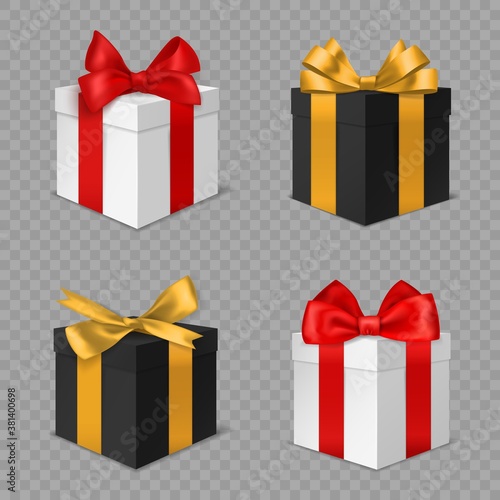 Gift box with bow. Black and white christmas presents with red and gold bows side view. Holiday xmas and birthday surprises 3d realistic vector isolated on transparent background set