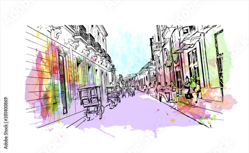 Building view with landmark of Bayamo is the capital city of the Granma Province of Cuba. Watercolor splash with hand drawn sketch illustration in vector.