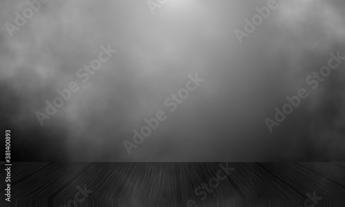 Spooky backdrop with wooden plate and fog