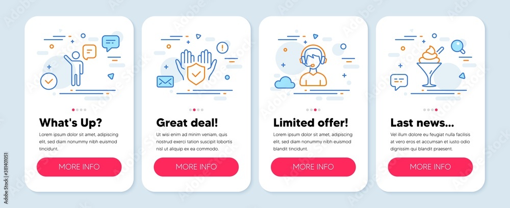 Set of line icons, such as Consultant, Agent, Insurance hand symbols. Mobile screen mockup banners. Ice cream line icons. Call center, Business person, Full coverage. Sundae in glass. Vector
