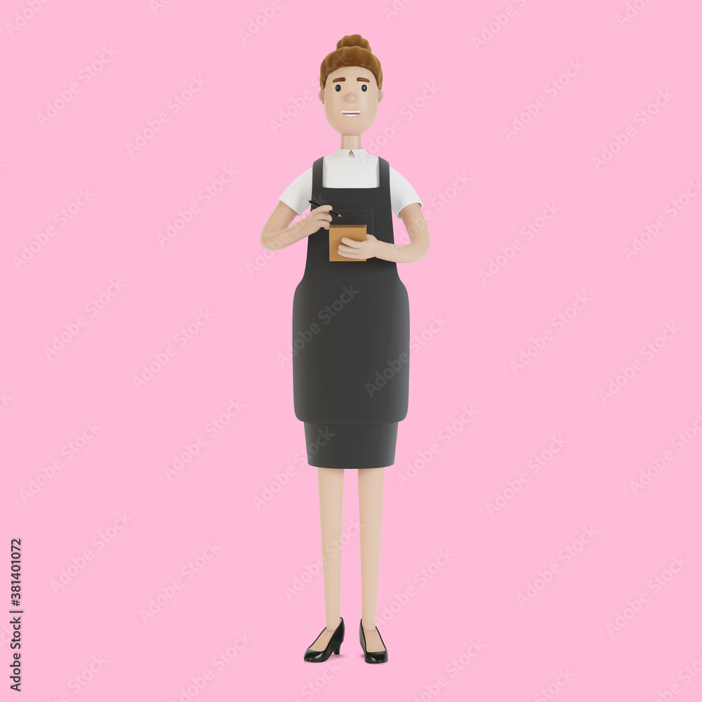 The waiter takes the order with a notebook and pencil. 3D illustration in cartoon style. The waiter takes the order with a notebook and pencil. 3D illustration in cartoon style.