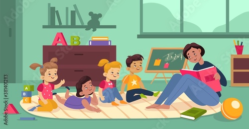 Kids playing kindergarten class. Little children girls, boys listen to fairy tale read by teacher. People, furniture and toys in nursery interior. Preschool education vector flat concept