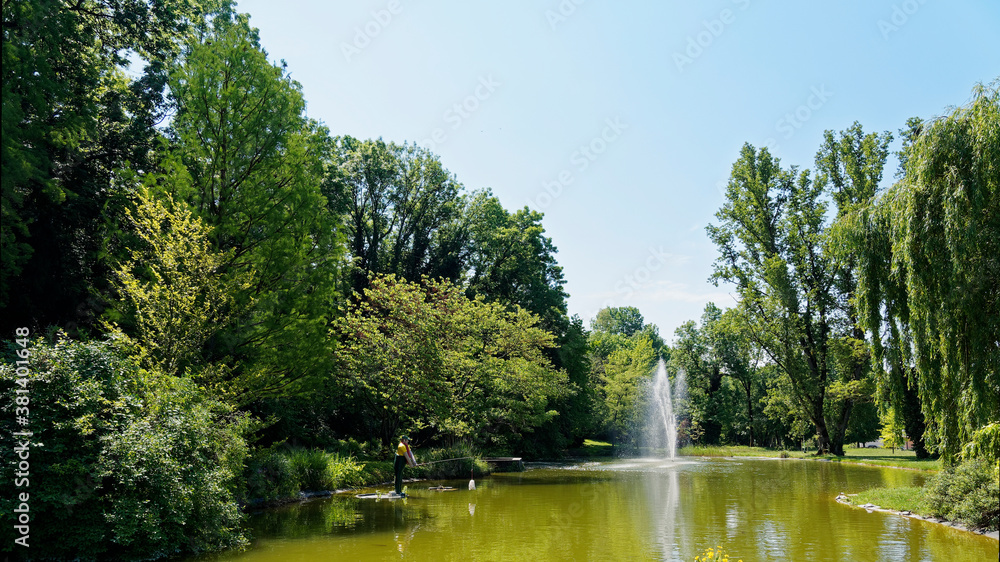 Bad Bellingen im Markgräflerland (Bade-Wurtemberg) - Magnifique bassin avec jet d'eau et aménagements aquatiques et floral au centre du parc des thermes Bad Bellingen im Markgräflerland (Bade-Wurtemberg) - Magnifique bassin avec jet d'eau et aménagements aquatiques et floral au centre du parc des thermes