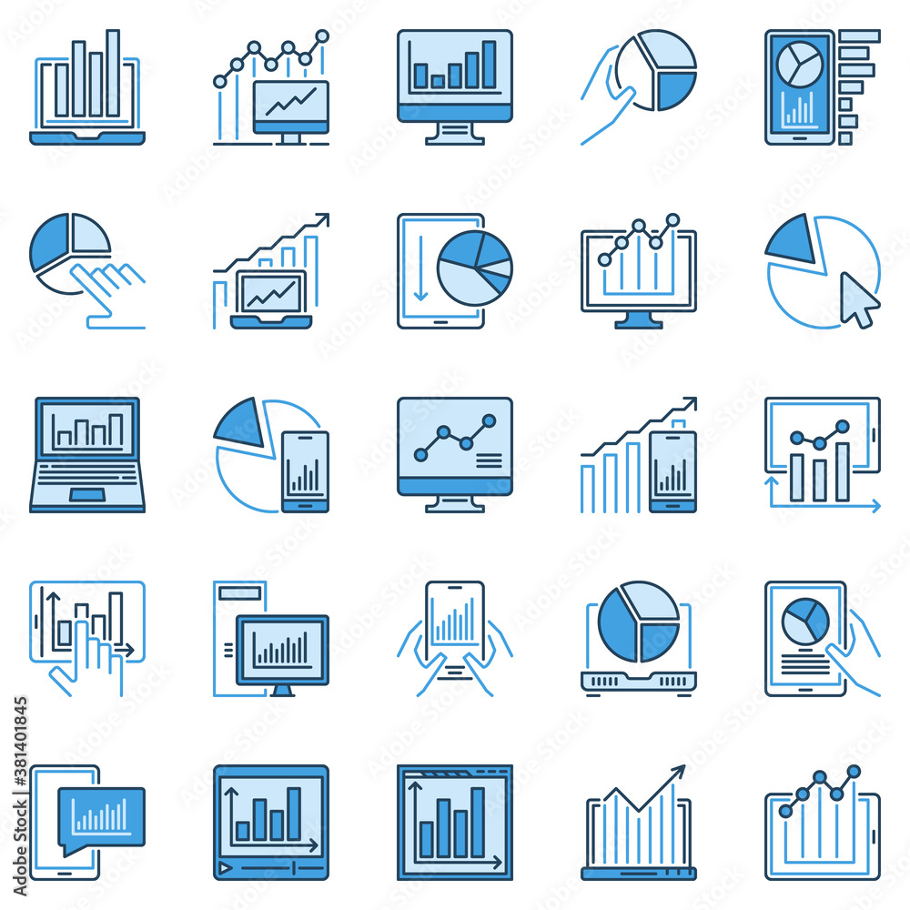 Computer Device with Chart or Graph creative icons - vector collection of Online Analytics and Statistics concept signs