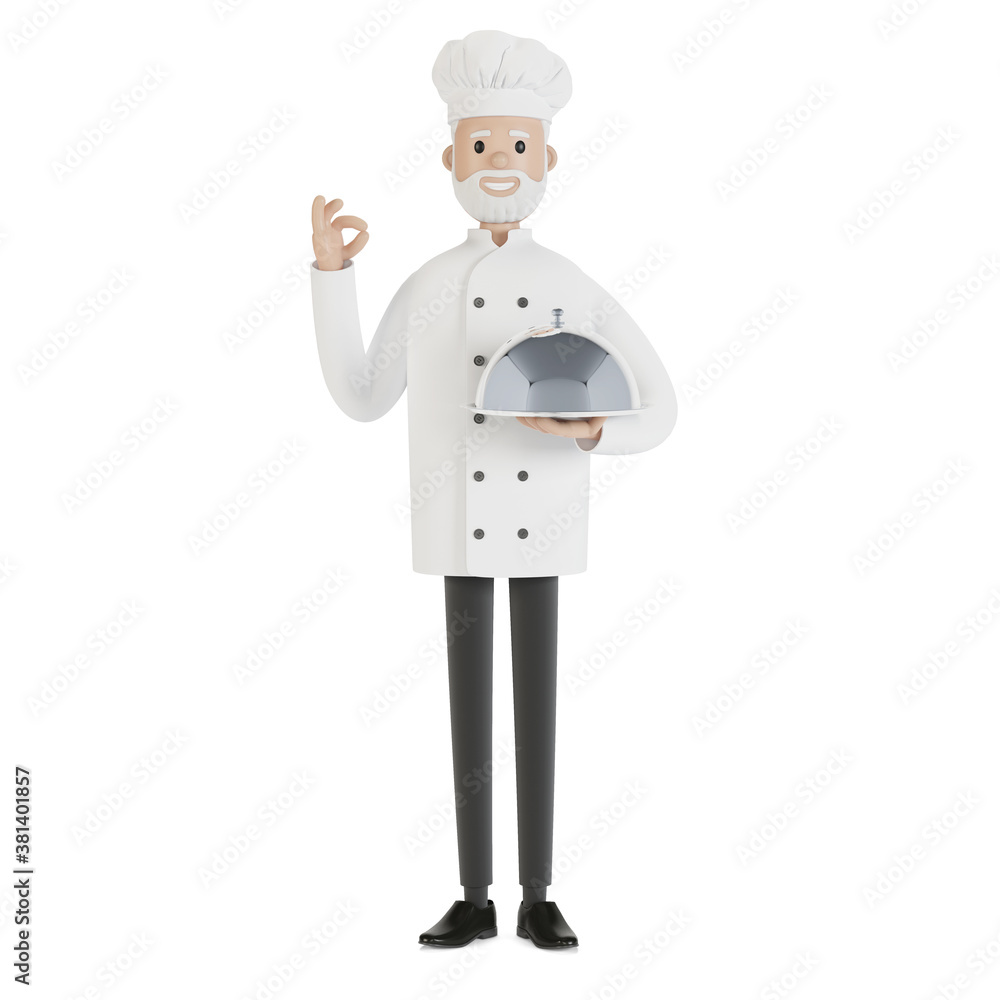 The chef holds a silver food tray and makes the perfect dish gesture. 3D illustration in cartoon style. The chef holds a silver food tray and makes the perfect dish gesture. 3D illustration in cartoon style.