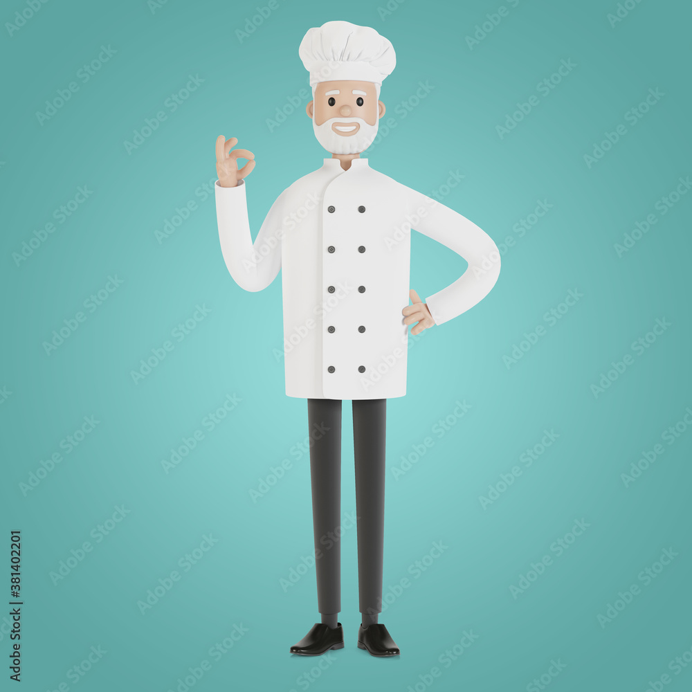 The chef makes the gesture of the perfect dish. 3D illustration in cartoon style. The chef makes the gesture of the perfect dish. 3D illustration in cartoon style.