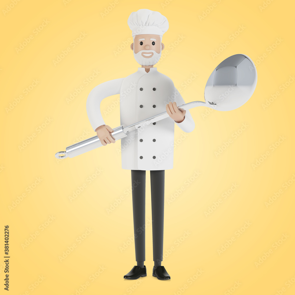 Chef with a big ladle. 3D illustration in cartoon style. Chef with a big ladle. 3D illustration in cartoon style.