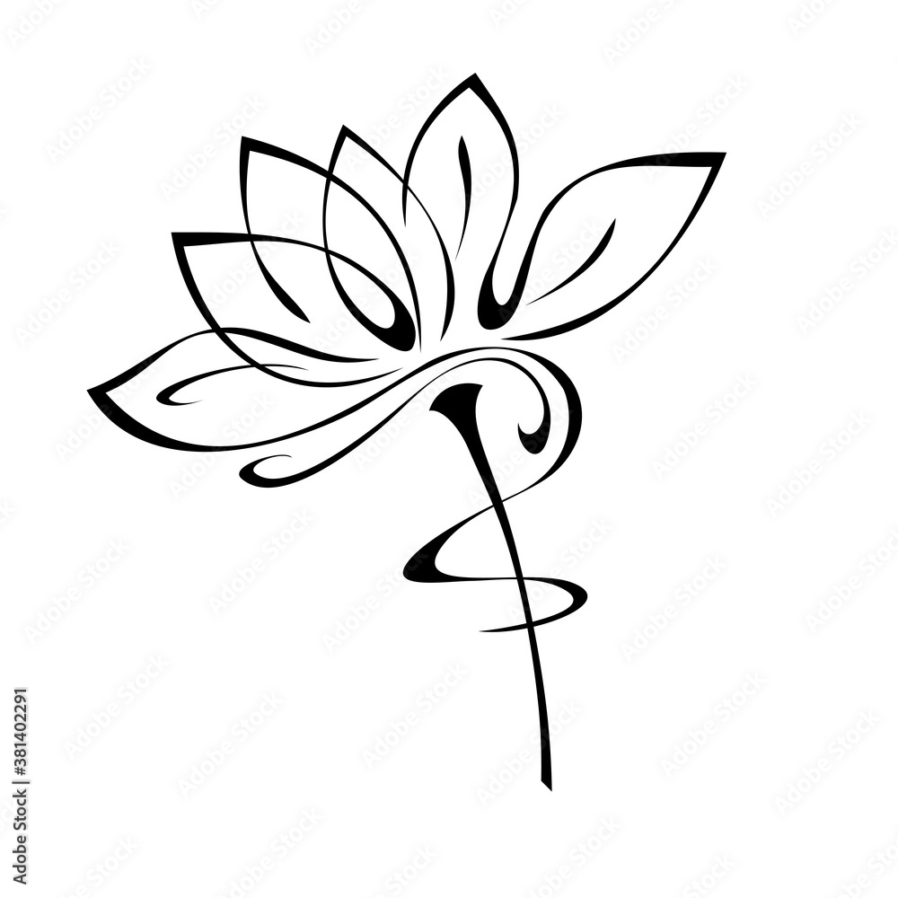one stylized blooming flower on a short stalk without leaves in black lines on a white background one stylized blooming flower on a short stalk without leaves in black lines on a white background