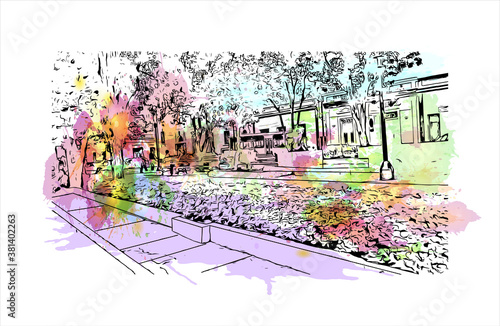 Building view with landmark of Bayamo is the capital city of the Granma Province of Cuba. Watercolor splash with hand drawn sketch illustration in vector.