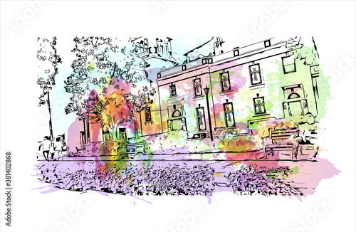 Building view with landmark of Bayamo is the capital city of the Granma Province of Cuba. Watercolor splash with hand drawn sketch illustration in vector.