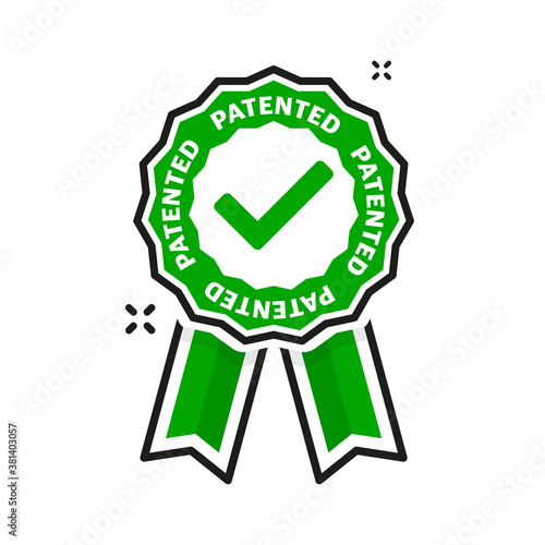 Flat icon with green patented on white background. Vector illustration.