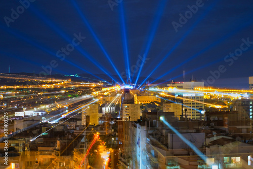 Barcelona Montjuic Magic Lightshow at night. Aerial Photo