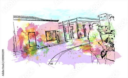 Building view with landmark of Bayamo is the capital city of the Granma Province of Cuba. Watercolor splash with hand drawn sketch illustration in vector.