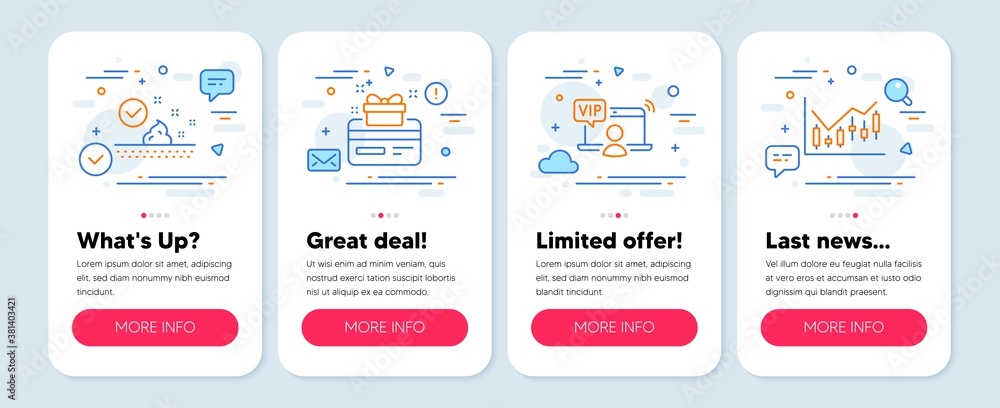Set of Business icons, such as Vip access, Skin care, Loyalty card symbols. Mobile screen app banners. Financial diagram line icons. Exclusive privilege, Face cream, Bonus points. Vector
