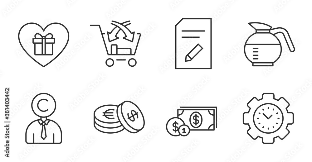 Cross sell, Coffeepot and Edit document line icons set. Dollar money, Time management and Romantic gift signs. Savings, Copyrighter symbols. Market retail, Brewed coffee, Page with pencil. Vector Cross sell, Coffeepot and Edit document line icons set. Dollar money, Time management and Romantic gift signs. Savings, Copyrighter symbols. Market retail, Brewed coffee, Page with pencil. Vector