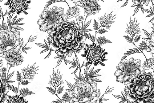 Seamless pattern. Peonies, chrysanthemums, jasmine and roses. Black and white. Vector Vintage