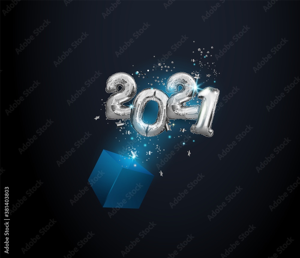Happy New Year 2021. Holiday vector illustration of silver metallic numbers 2021. Balls fly out of a blue box with a serpentine. Realistic 3d sign. Holiday poster or banner design