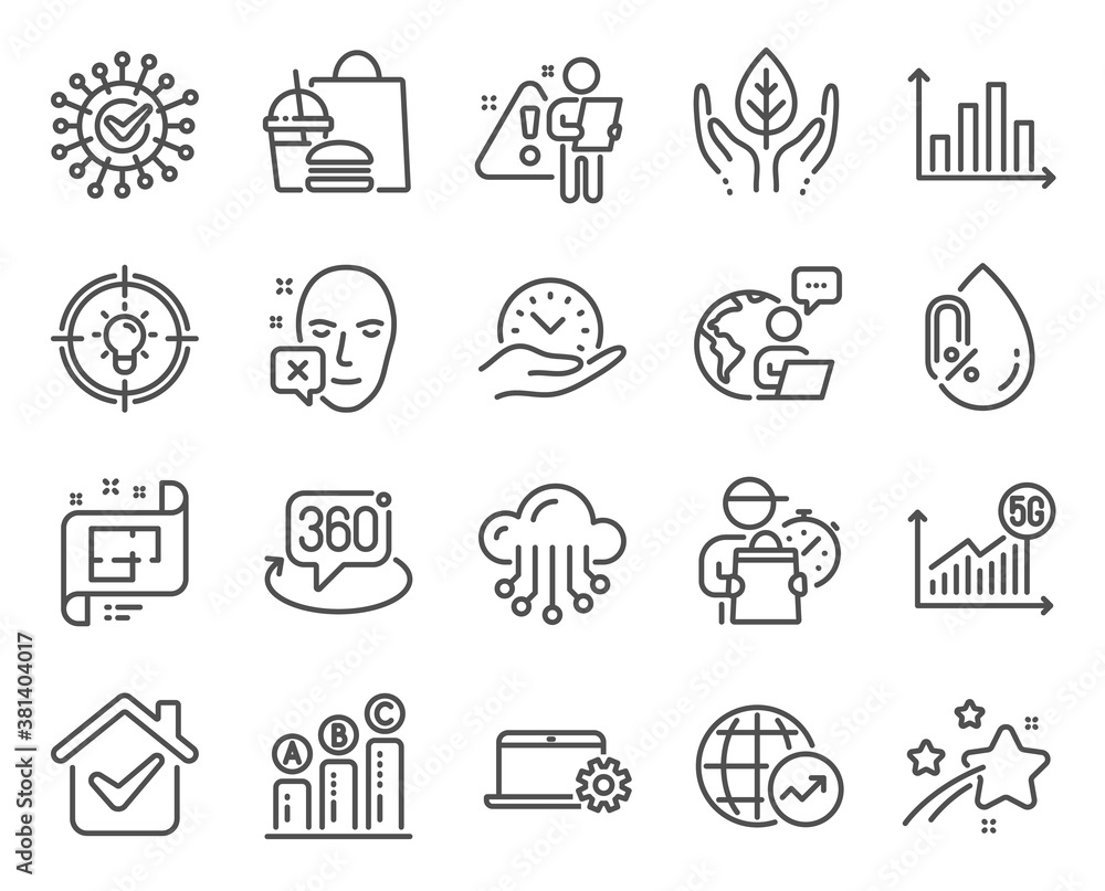 Fototapeta premium Science icons set. Included icon as World statistics, Coronavirus, Fair trade signs. Face declined, Notebook service, No alcohol symbols. Diagram graph, Idea, Graph chart. Cloud storage. Vector