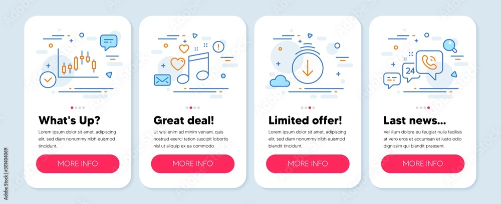 Set of Business icons, such as Scroll down, Love music, Candlestick graph symbols. Mobile screen mockup banners. 24h service line icons. Swipe screen, Musical note, Finance chart. Call support. Vector