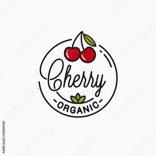 Cherry logo. Round linear logo of organic cherry