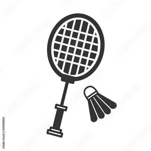 Shuttlecock and badminton racket in a flat style. Vector line icon isolated on white background. Sports logo concept. Activity design template for website, mobile app, print. Vector illustration.