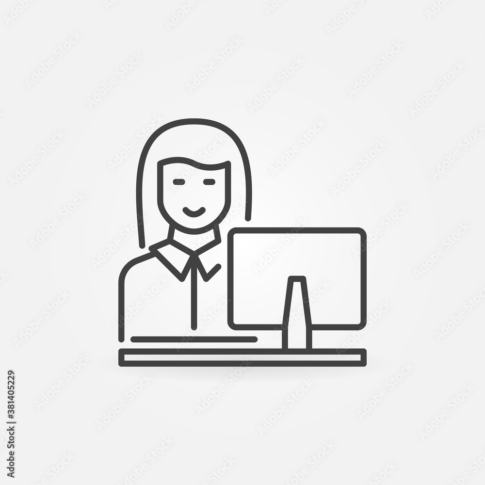 Woman Working on Computer vector concept icon or symbol in thin line style