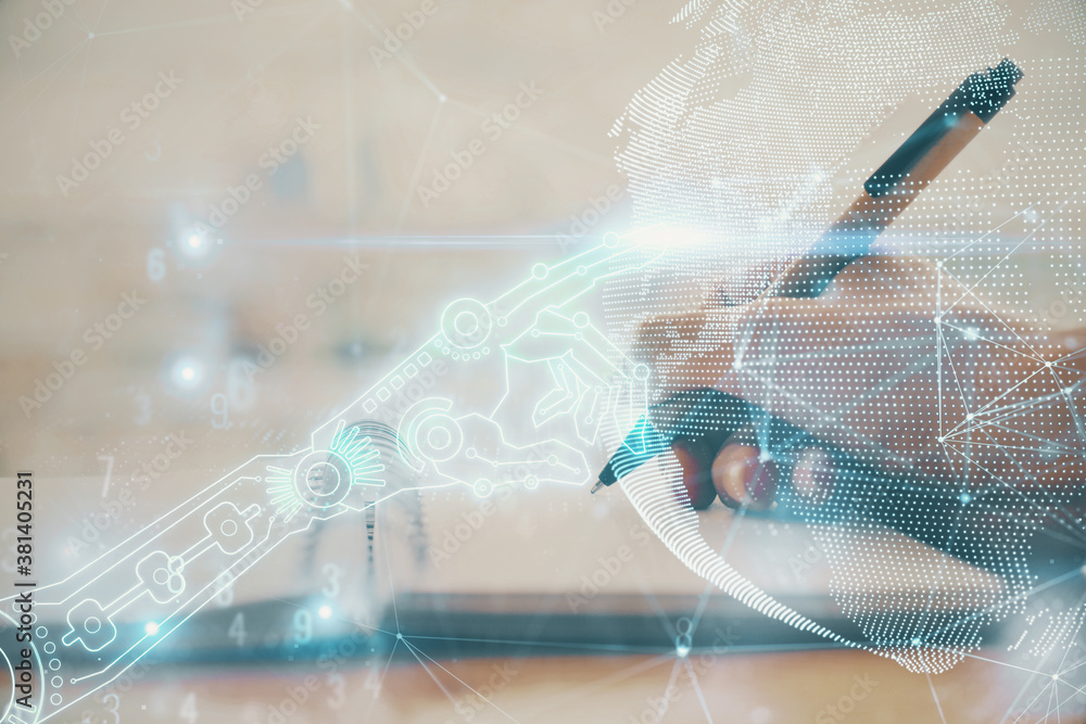 Fototapeta premium Tech theme hologram over woman's hands taking notes background. Concept of hightech. Double exposure