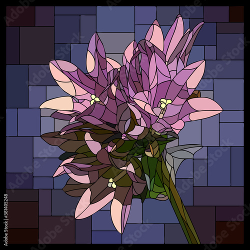 Vector square mosaic with blooming purple campanula flower in stained glass window.